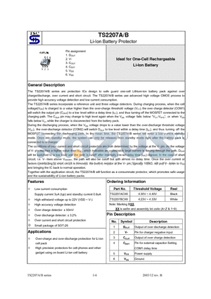 TS2207BCX6 datasheet - Li-Ion Battery Protector Ideal for One-Cell Rechargeable Li-Ion Battery