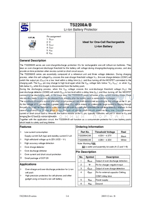 TS2208A datasheet - Li-Ion Battery Protector Ideal for One-Cell Rechargeable Li-Ion Battery