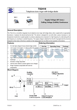 TS2418 datasheet - Telephone tone ringer with bridge diode