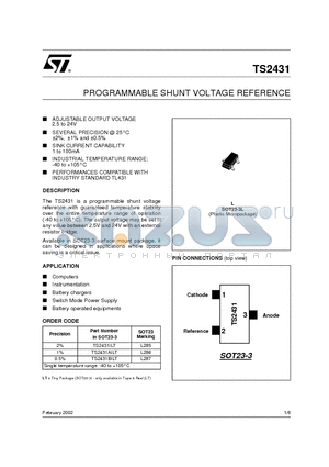 TS2431 datasheet - PROGRAMMABLE SHUNT VOLTAGE REFERENCE