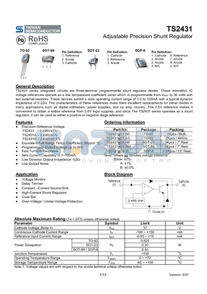 TS2431CSRL datasheet - Adjustable Precision Shunt Regulator