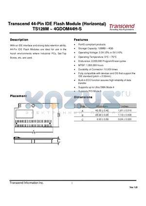 TS256MDOM44H-S datasheet - 44-Pin IDE Flash Module(Horizontal)