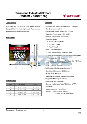 TS256MCF100I datasheet - Industrial CF Card