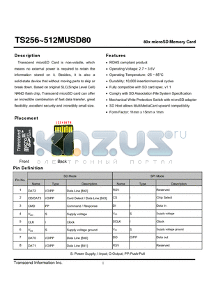 TS256MUSD80 datasheet - 80x microSD Memory Card
