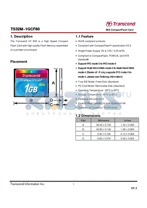 TS256MCF80 datasheet - 80X CompactFlash Card
