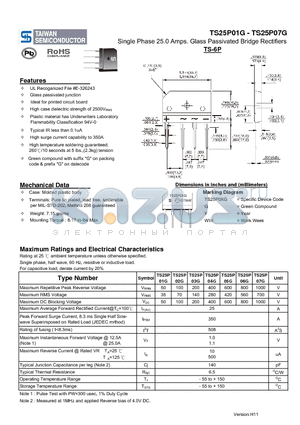 TS25P01G datasheet - Single Phase 25.0 Amps. Glass Passivated Bridge Rectifiers