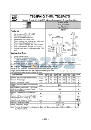 TS25P07G datasheet - Single Phase 25.0 AMPS. Glass Passivated Bridge Rectifiers