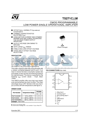 TS271CAC datasheet - CMOS PROGRAMMABLE LOW POWER SINGLE OPERATIONAL AMPLIFIER