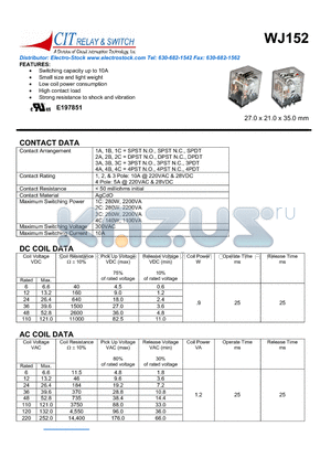 WJ1522BF36VDC datasheet - Switching capacity up to 10A