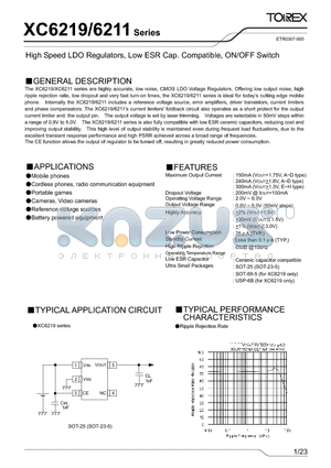 XC6211G092PL datasheet - High Speed LDO Regulators, Low ESR Cap. Compatible, ON/OFF Switch