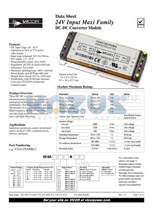 V24A24C400BF3 datasheet - 24V Input Maxi Family DC-DC Converter Module