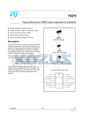 TS274ACD datasheet - HIGH SPEED CMOS QUAD OPERATIONAL AMPLIFIERS