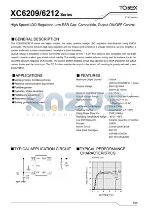 XC6212A37AD datasheet - High Speed LDO Regulator, Low ESR Cap. Compatible, Output ON/OFF Control