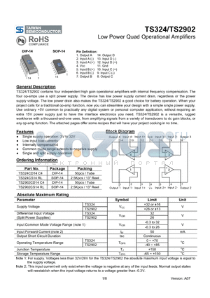 TS2902 datasheet - Low Power Quad Operational Amplifiers