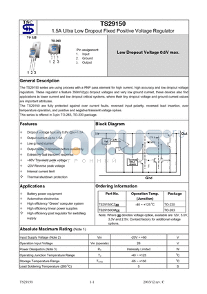 TS29150CM datasheet - 1.5A Ultra Low Dropout Fixed Positive Voltage Regulator