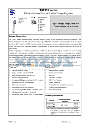 TS2931CS10 datasheet - 100mA Ultra Low Dropout Positive Voltage Regulator