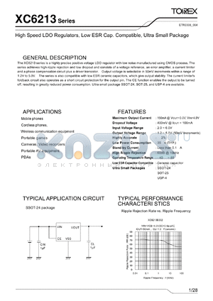 XC6213B202MR datasheet - High Speed LDO Regulators, Low ESR Cap. Compatible, Ultra Small Package