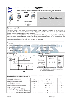 TS2937CM10 datasheet - 500mA Ultra Low Dropout Fixed Positive Voltage Regulator