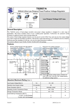 TS2937ACW datasheet - 500mA Ultra Low Dropout Fixed Positive Voltage Regulator