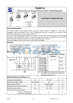 TS2937ACZ datasheet - 500mA Ultra Low Dropout Fixed Positive Voltage Regulator