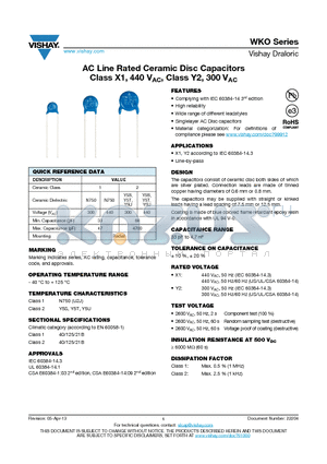 WKO222MCPCRAKR datasheet - AC Line Rated Ceramic Disc Capacitors Class X1, 440 VAC, Class Y2, 300 VAC