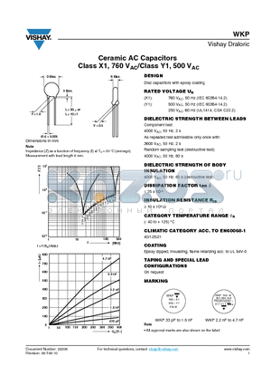 WKP101 datasheet - Ceramic AC Capacitors Class X1, 760 VAC/Class Y1, 500 VAC