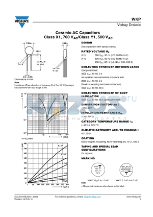 WKP331 datasheet - Ceramic AC Capacitors Class X1, 760 VAC/Class Y1, 500 VAC