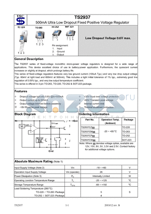 TS2937CZ8 datasheet - 500mA Ultra Low Dropout Fixed Positive Voltage Regulator