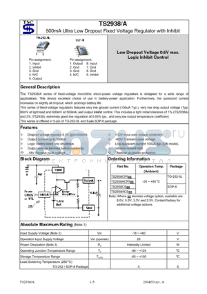 TS2938CS3.3 datasheet - 500mA Ultra Low Dropout Fixed Voltage Regulator with Inhibit