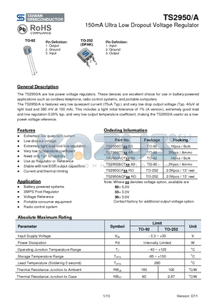 TS2950ACPRO datasheet - 150mA Ultra Low Dropout Voltage Regulator