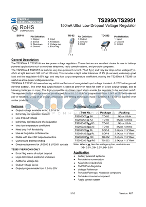 TS2950 datasheet - 150mA Ultra Low Dropout Voltage Regulator
