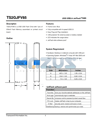 TS2GJFV85 datasheet - 2GB USB2.0 JetFlashV85