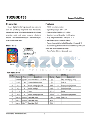 TS2GSD133 datasheet - Secure Digital Card