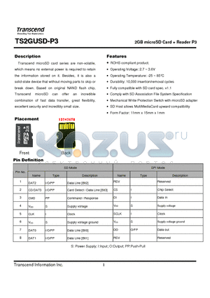 TS2GUSD-P3 datasheet - 2GB microSD Card  Reader P3