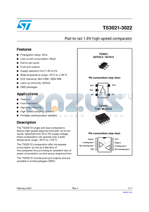 TS3021 datasheet - Rail-to-rail 1.8V high-speed comparator