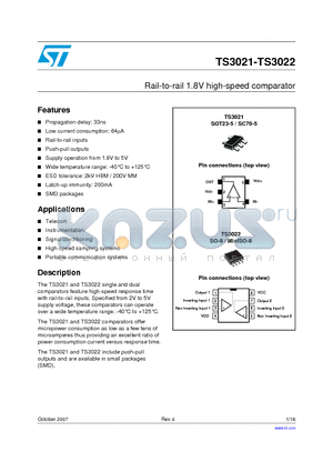 TS3022 datasheet - Rail-to-rail 1.8V high-speed comparator