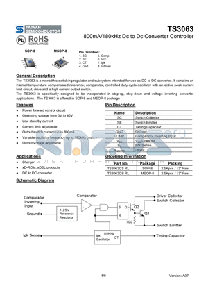 TS3063 datasheet - 800mA/180kHz Dc to Dc Converter Controller