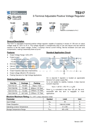 TS317CPRO datasheet - 3-Terminal Adjustable Positive Voltage Regulator