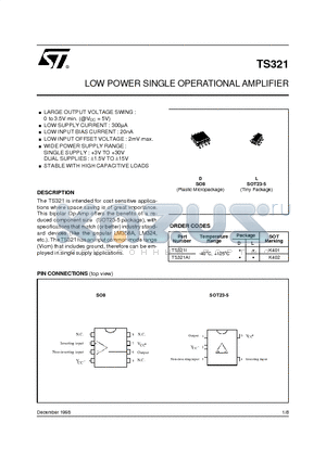 TS321 datasheet - LOW POWER SINGLE OPERATIONAL AMPLIFIER