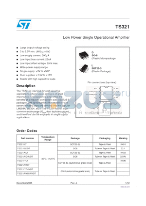 TS321 datasheet - Low Power Single Operational Amplifier