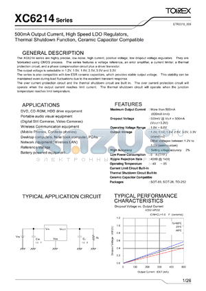 XC6214P402JL datasheet - 500mA Output Current, High Speed LDO Regulators, Thermal Shutdown Function, Ceramic Capacitor Compatible