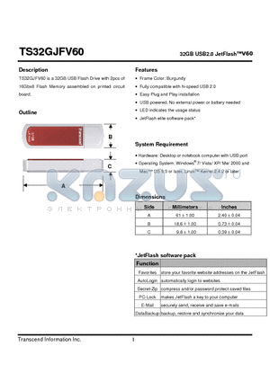 TS32GJFV60 datasheet - 32GB USB2.0 JetFlashV60