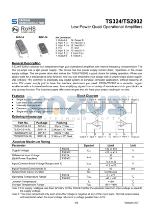 TS324CD14C4 datasheet - Low Power Quad Operational Amplifiers