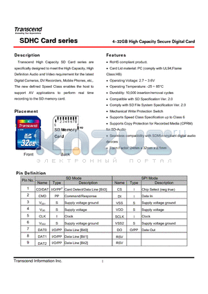 TS32GSDHC6 datasheet - 4~32GB High Capacity Secure Digital Card