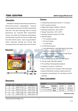 TS32GCF600 datasheet - 600X CompactFlash Card