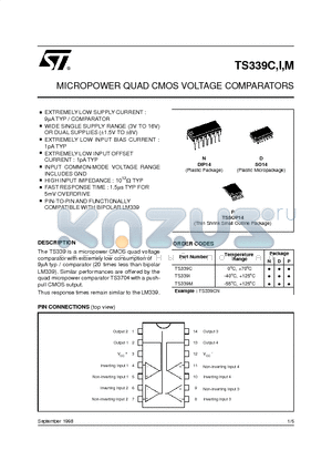 TS339 datasheet - MICROPOWER QUAD CMOS VOLTAGE COMPARATORS
