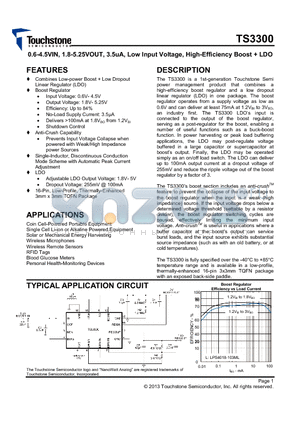 TS3300ITQ1633T datasheet - 0.6-4.5VIN, 1.8-5.25VOUT, 3.5-uA, Low Input Voltage, High-Efficiency Boost  LDO