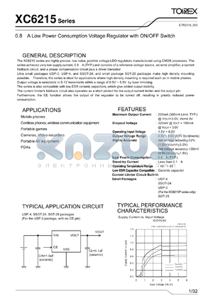 XC6215B122HR datasheet - 0.8lA Low Power Consumption Voltage Regulator with ON/OFF Switch