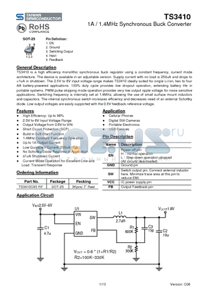 TS3410_10 datasheet - 1A / 1.4MHz Synchronous Buck Converter