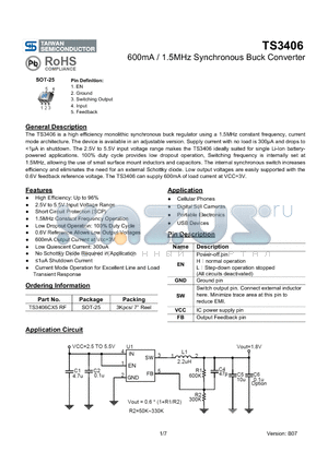 TS3406CXRF datasheet - 600mA / 1.5MHz Synchronous Buck Converter